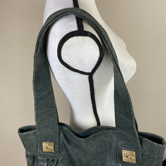 JENRIGO GREEN OLIVE SNAKE PYTHON LEATHER LARGE TOTE HAND SHOULDER BAG MADE ITALY - Picture 3 of 9